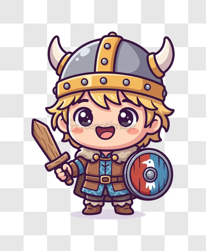 Cute Chibi Viking With Sword Shield cartoon style colorful transparent background