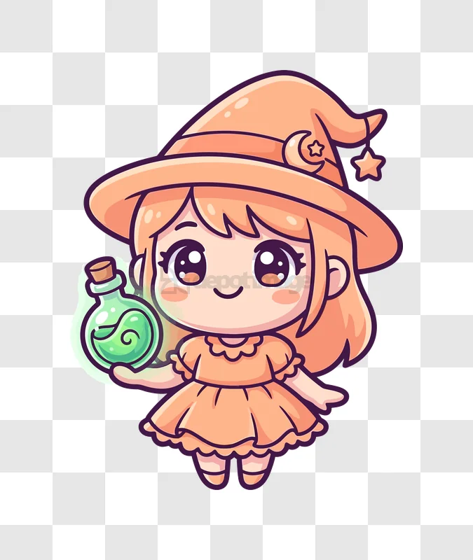 Cute Chibi Witch Holding a Potion orange dress green potion