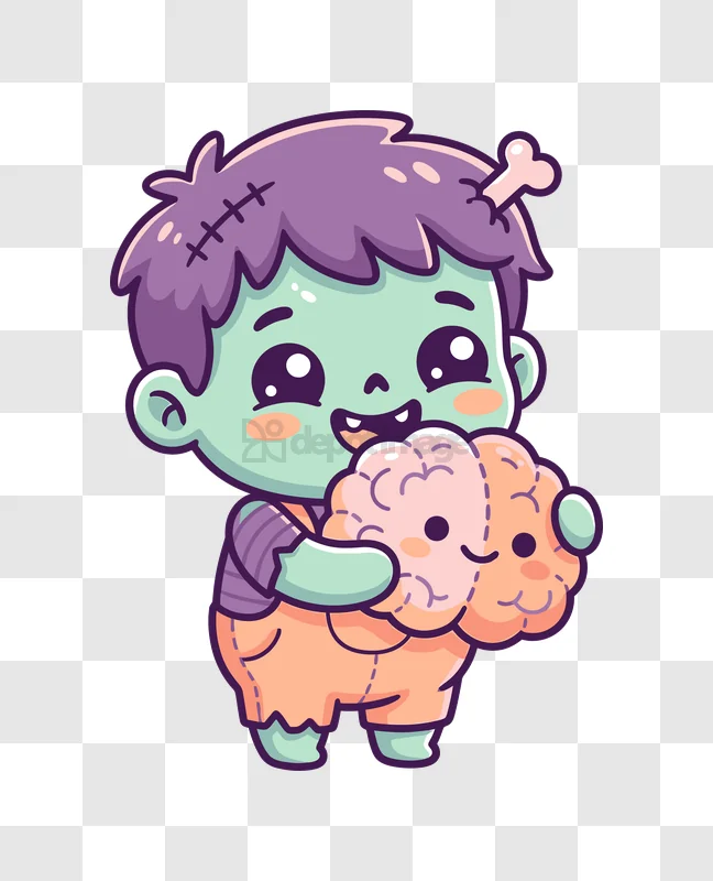 Cute Chibi Zombie Holding Brain cartoon style transparent background