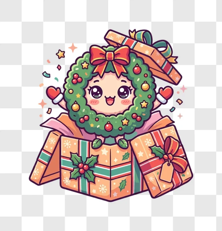 Cute Christmas Wreath Character in Box cartoon style colorful illustration
