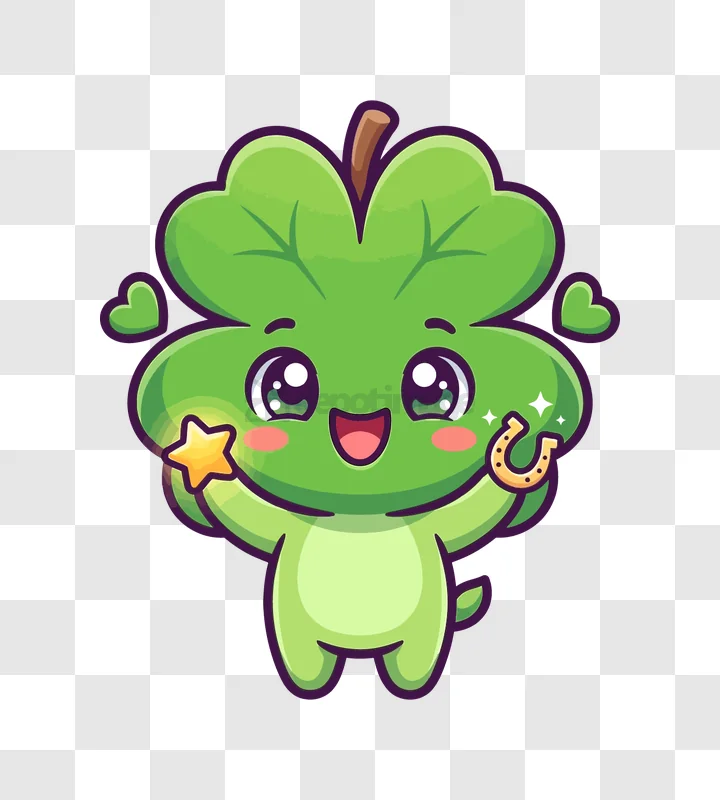 Cute Clover Character Holding Charms cartoon style transparent background