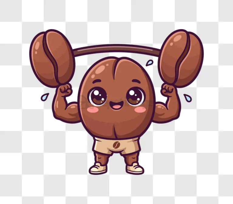 Cute Coffee Bean Bodybuilder Lifting cartoon character transparent background