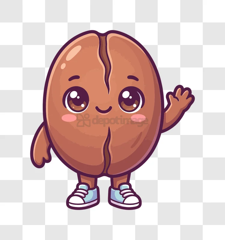 Cute Coffee Bean Waving Adorably brown cartoon character with shoes