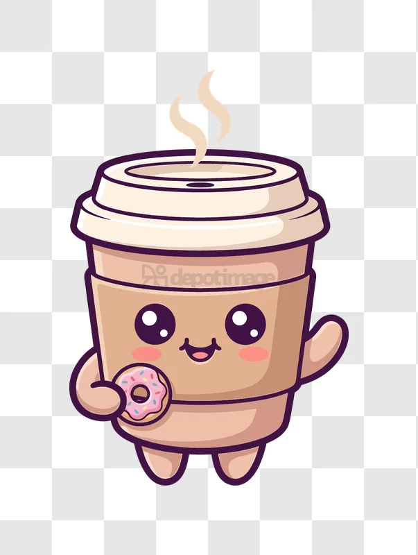 Cute Coffee Cup Holding Donut Happy cartoon character transparent background