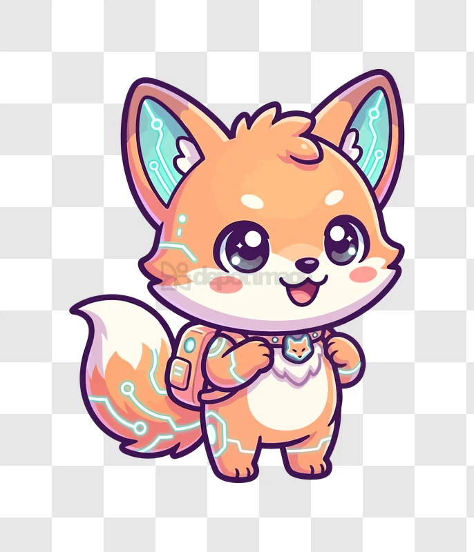 Cute Cybernetic Fox Illustration cartoon style circuit patterns