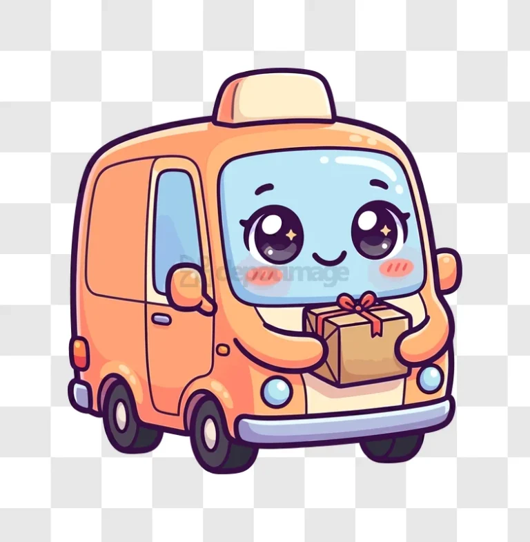 Cute Delivery Van With Present cartoon style orange van holding gift