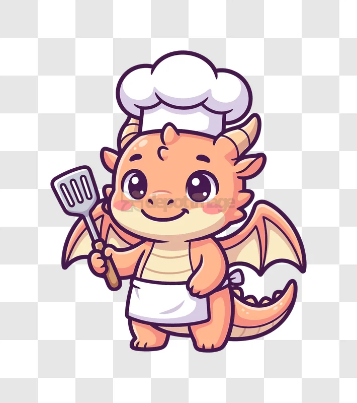 Cute Dragon Chef With Spatula Apron, cartoon style transparent background