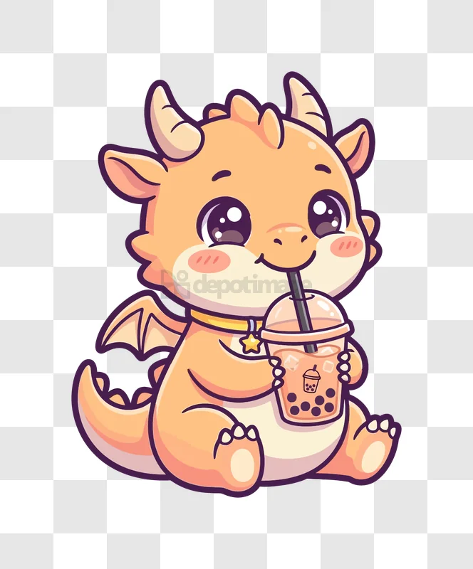 Cute Dragon Drinking Boba Tea, cartoon style orange transparent background