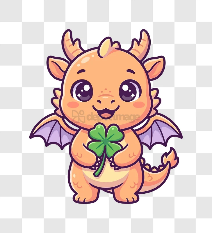 Cute Dragon Holding a Clover cartoon style transparent background
