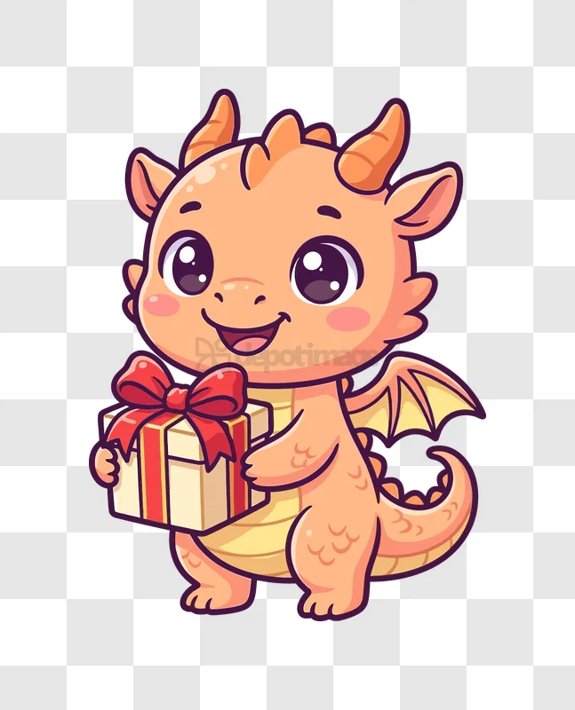 Cute Dragon Holding a Gift cartoon style transparent background