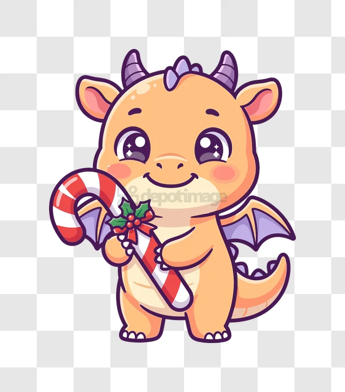 Cute Dragon Holding Christmas Candy Cane cartoon style transparent background