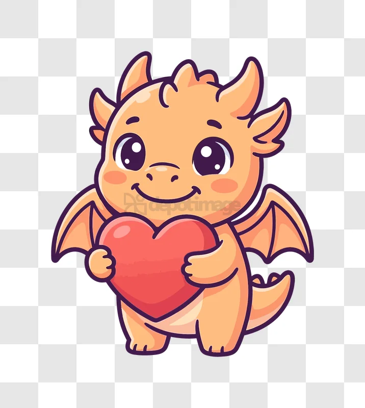 Cute Dragon Holding Heart Cartoon orange cartoon style transparent background