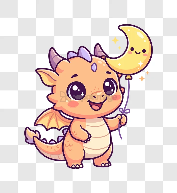 Cute Dragon Holding Moon Balloon cartoon style transparent background