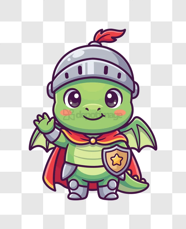 Cute Dragon Knight Waving Rendered, cartoon style green dragon, knight armor, red cape
