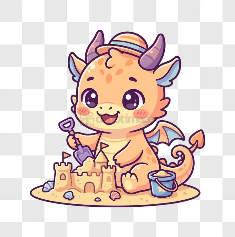 Cute Dragon Making Sandcastle on Beach, cartoon style orange purple, transparent background