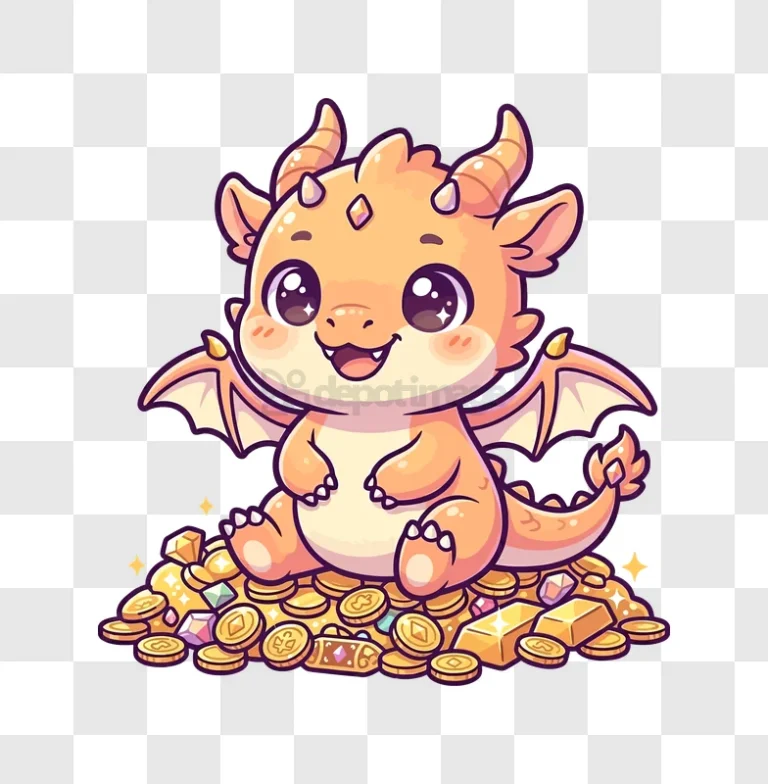 Cute Dragon on Gold Treasure Pile cartoon style transparent background