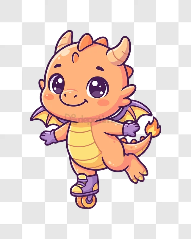 Cute Dragon on Rollerskates Cartoon, orange purple cartoon style transparent
