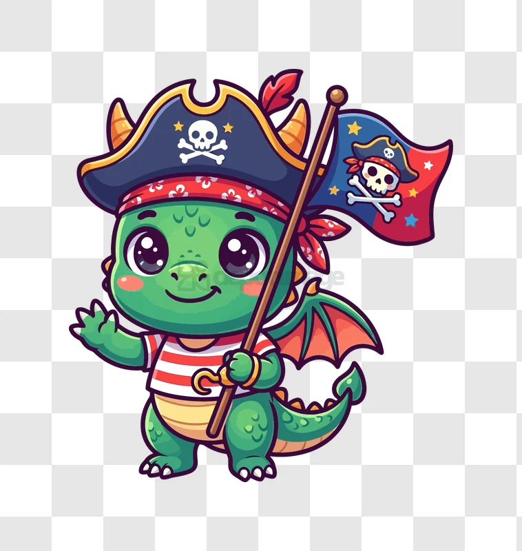Cute Dragon Pirate Holding Flag cartoon style green character