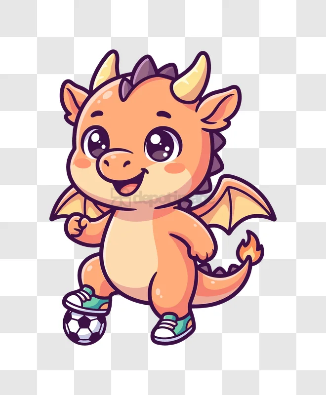 Cute Dragon Playing Soccer Ball cartoon style orange character transparent background