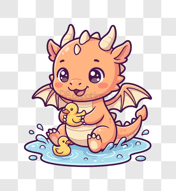 Cute Dragon Playing With Rubber Ducks cartoon style, orange, playing in water