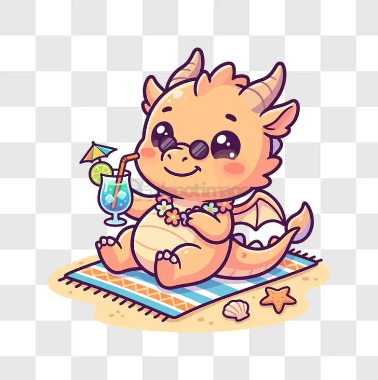 Cute Dragon Relaxing on Beach cartoon style transparent background
