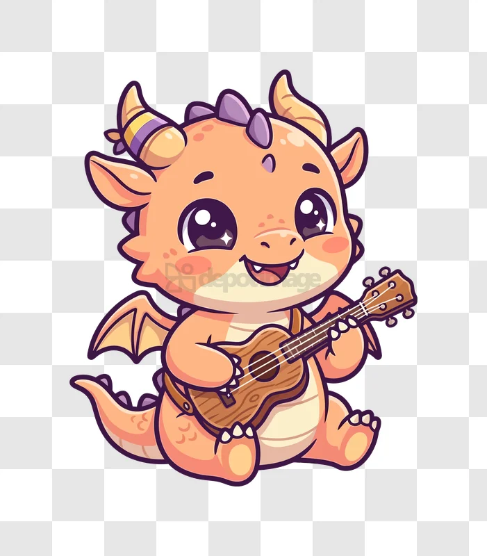 Cute Dragon Ukulele Player With Large Ey cartoon style orange transparent background
