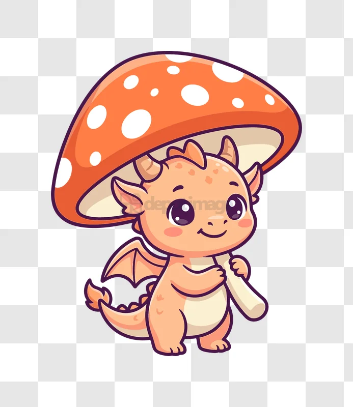 Cute Dragon Under Mushroom Cap cartoon style orange white spots