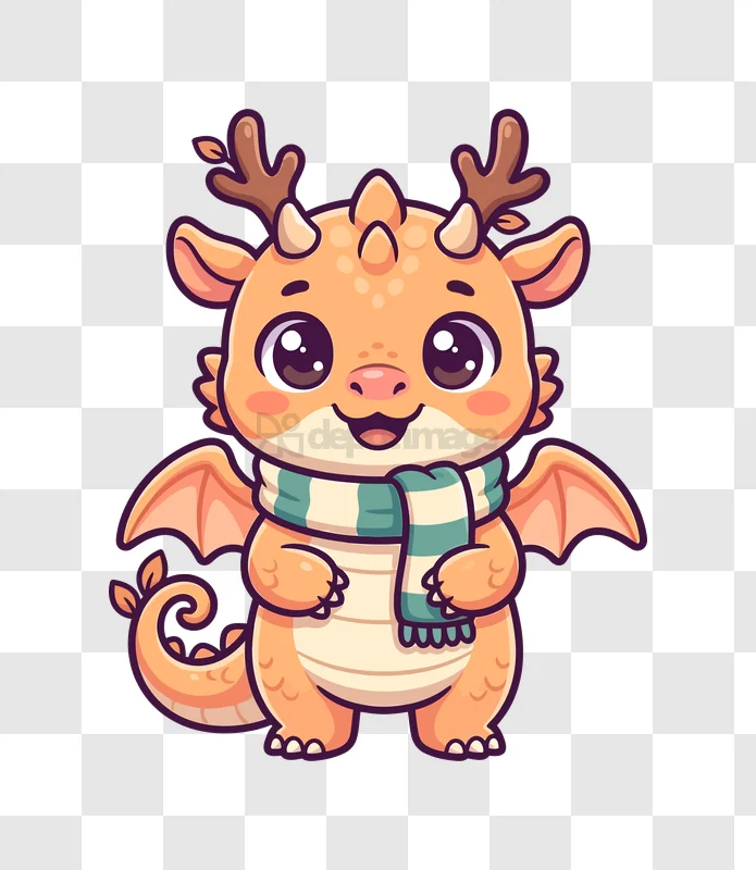 Cute Dragon Wears Scarf Happy cartoon style transparent background