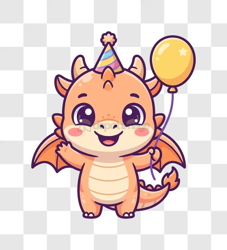 Cute Dragon With Birthday Hat Balloon cartoon style orange purple transparent