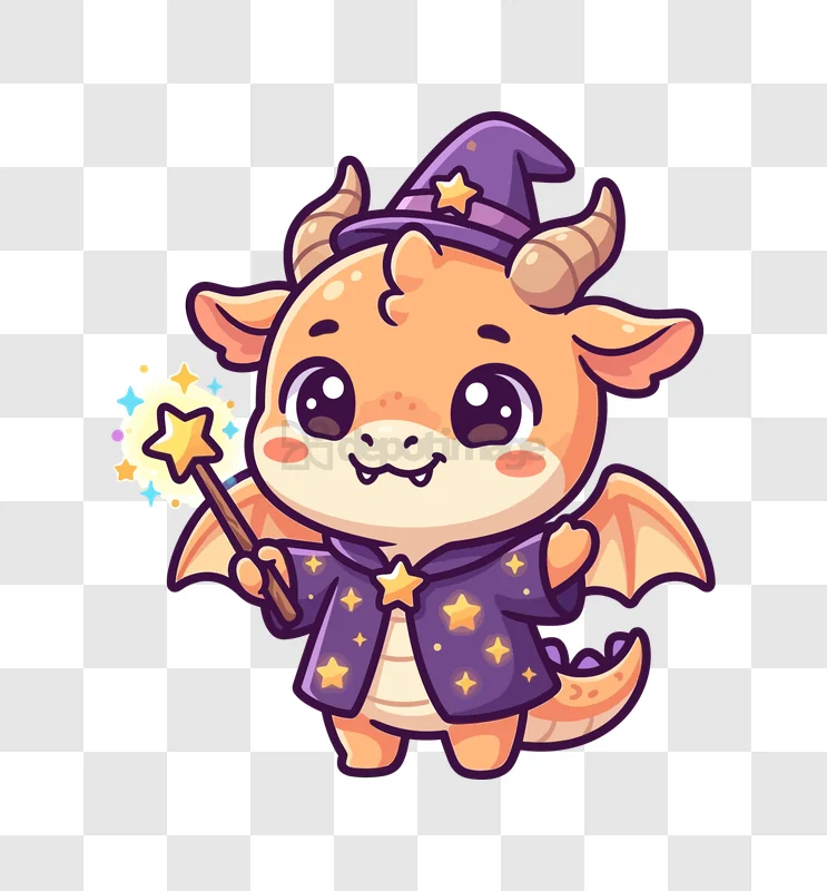 Cute Dragon Wizard Casting Spell cartoon orange purple transparent background