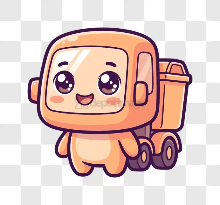 Cute Dump Truck Character Cartoon adorable orange character, big eyes, transparent background