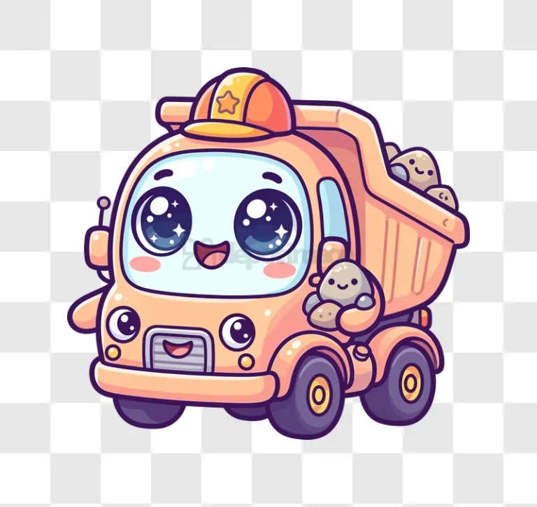 Cute Dump Truck With Shiny Eyes cartoon style transparent background