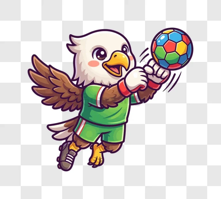 Cute Eagle Mascot Goalie Catches Ball cartoon style green uniform colorful ball