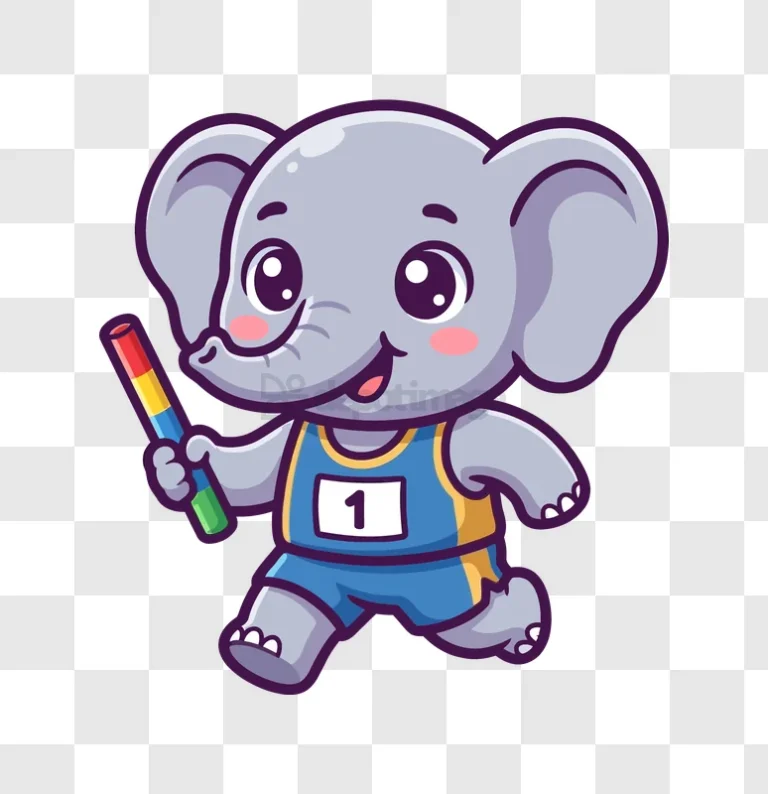 Cute Elephant Athlete Running With Baton, cartoon style blue uniform