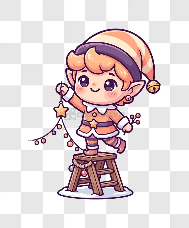 Cute Elf Decorating With Christmas Light cartoon style orange purple