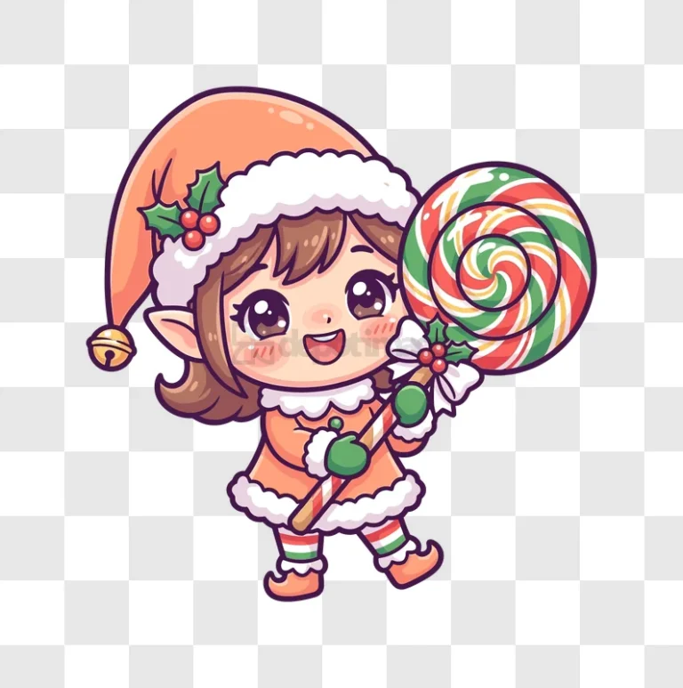 Cute Elf With Lollipop Cartoon chibi style orange green red