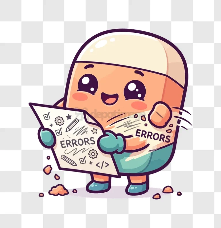 Cute Eraser Erasing Errors on Paper cartoon style transparent background