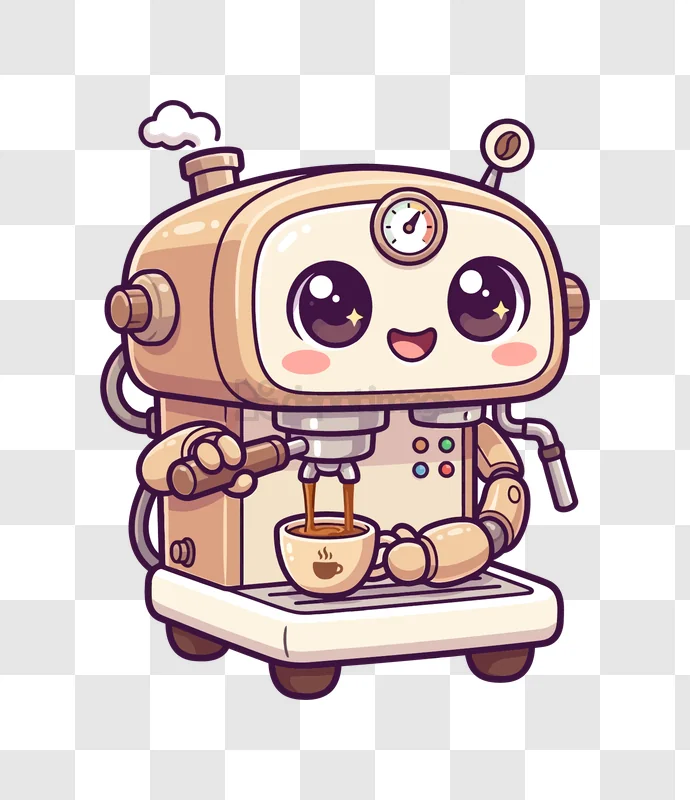 Cute Espresso Machine Robot Making Coffe cartoon style transparent background