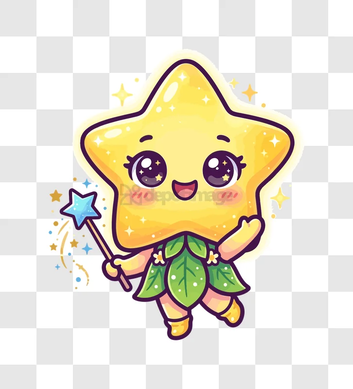 Cute Fairy Star Kawaii Style character with wand, green leaf skirt