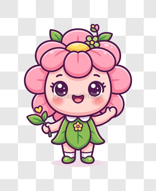 Cute Flower Girl Holding Leaves, pink green cartoon character