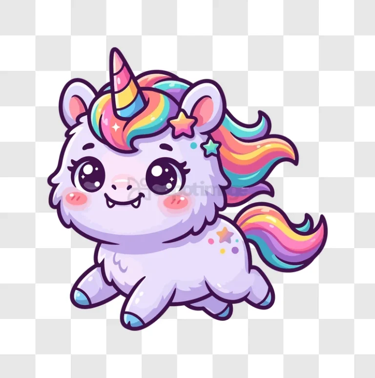 Cute Fluffy Unicorn Running Happily, cartoon style, rainbow mane, transparent background