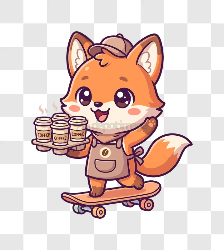 Cute Fox Barista on Skateboard cartoon style vibrant colors
