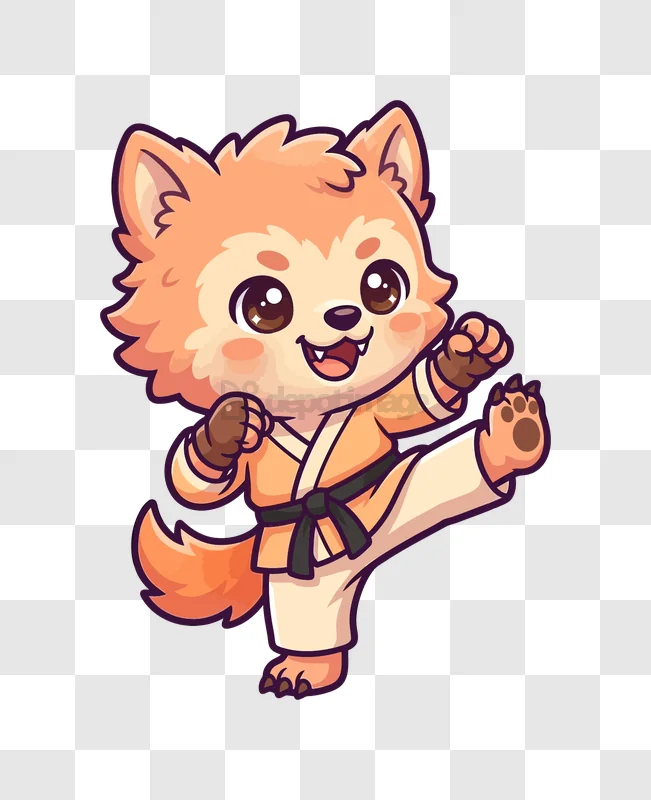Cute Fox Kicking in Karate Gi cartoon style transparent background