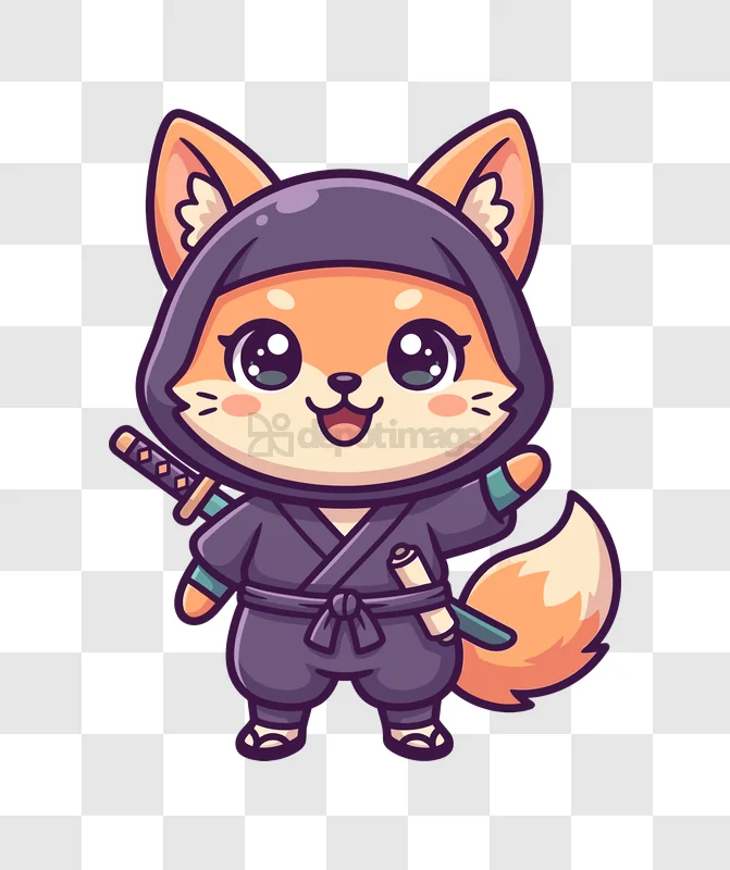 Cute Fox Ninja Big Eyes cartoon style transparent background