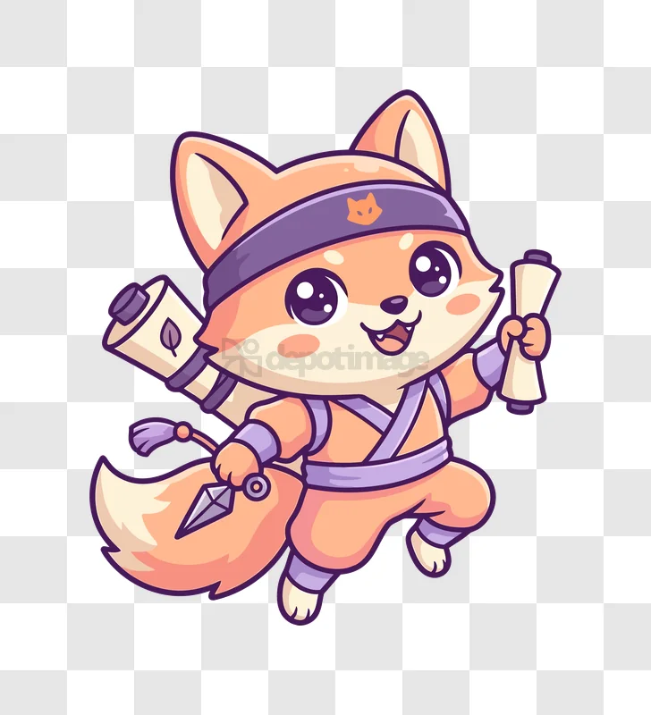 Cute Fox Ninja Holding Scrolls, cartoon style, orange and purple, transparent background