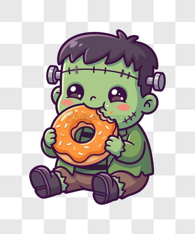 Cute Frankenstein Eating a Donut cartoon style transparent background