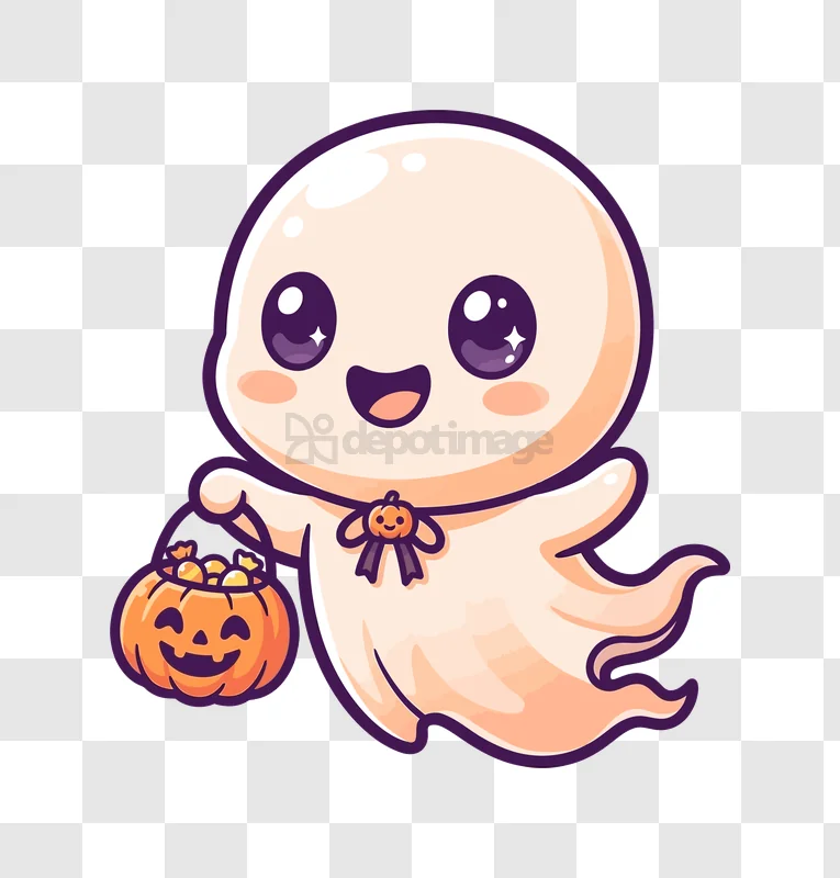Cute Ghost Holding Halloween Pumpkin cartoon style transparent background