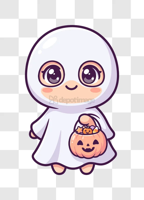 Cute Ghost Kid Halloween Candy cartoon style transparent background