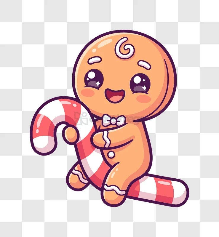 Cute Gingerbread Man With Candy Cane cartoon style transparent background