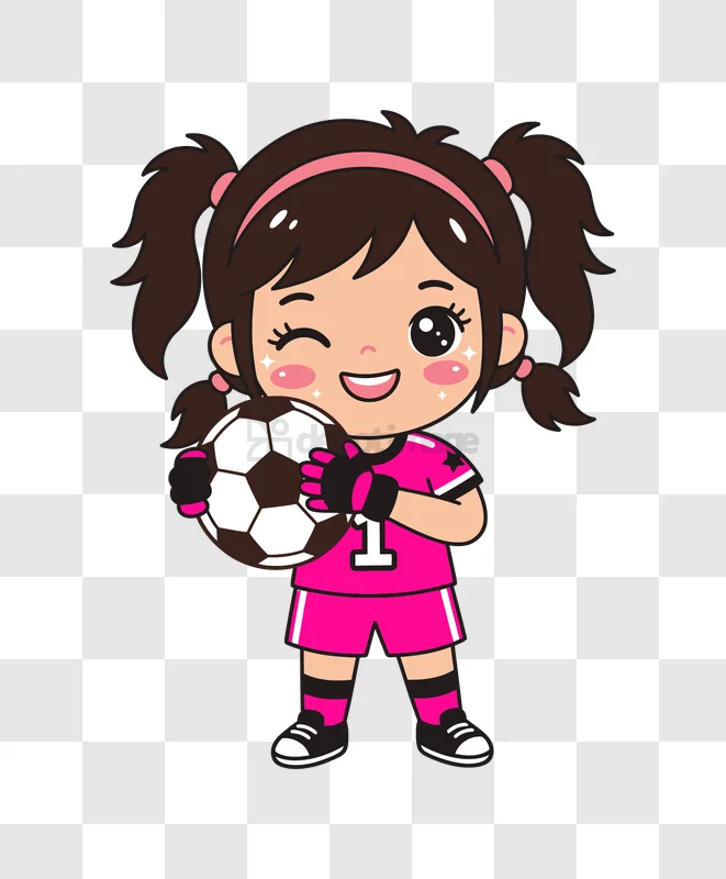 Cute Girl Goalkeeper Holding Soccer Ball cartoon style pink uniform